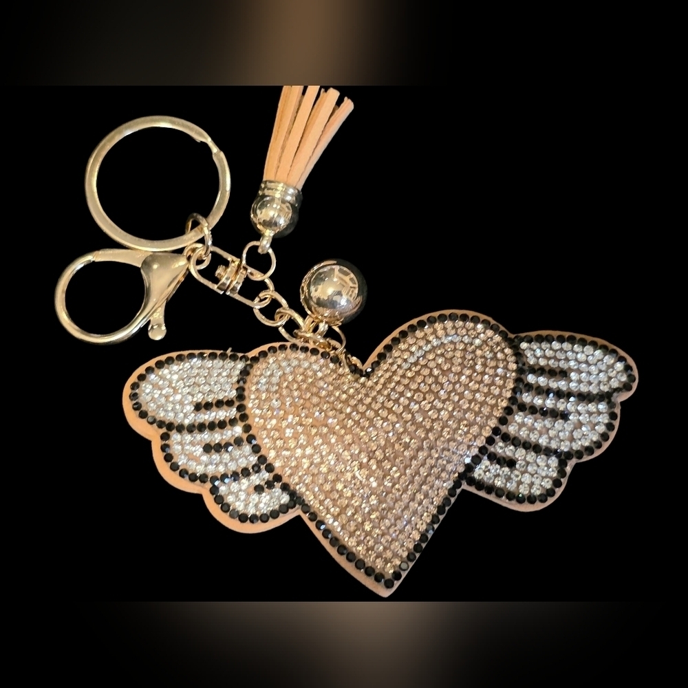 Elegant Rhinestone Heart Wing Bag Charm / Keychain with Tassel